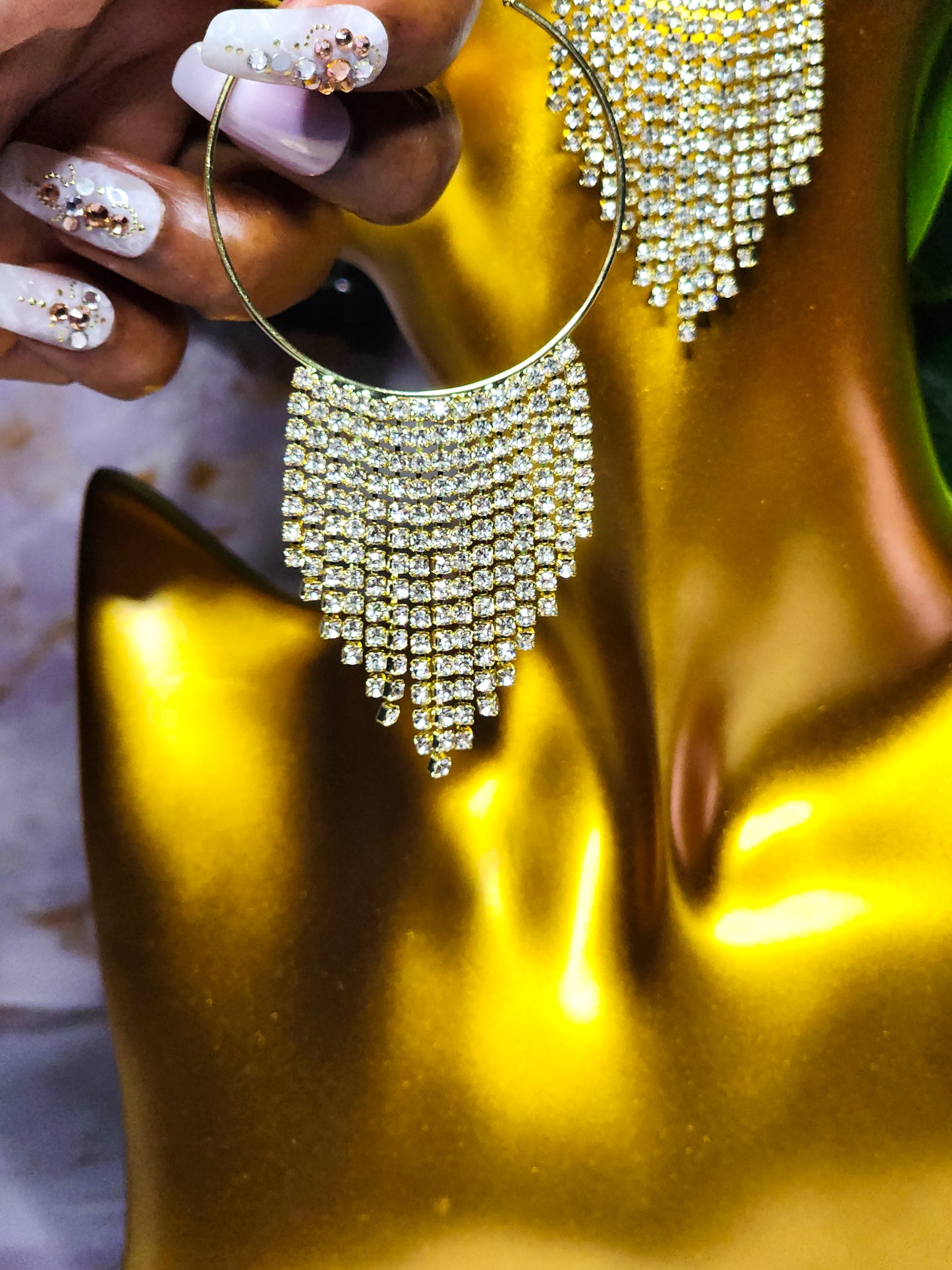 gold rhinestone tassel drop fashion earrings for women