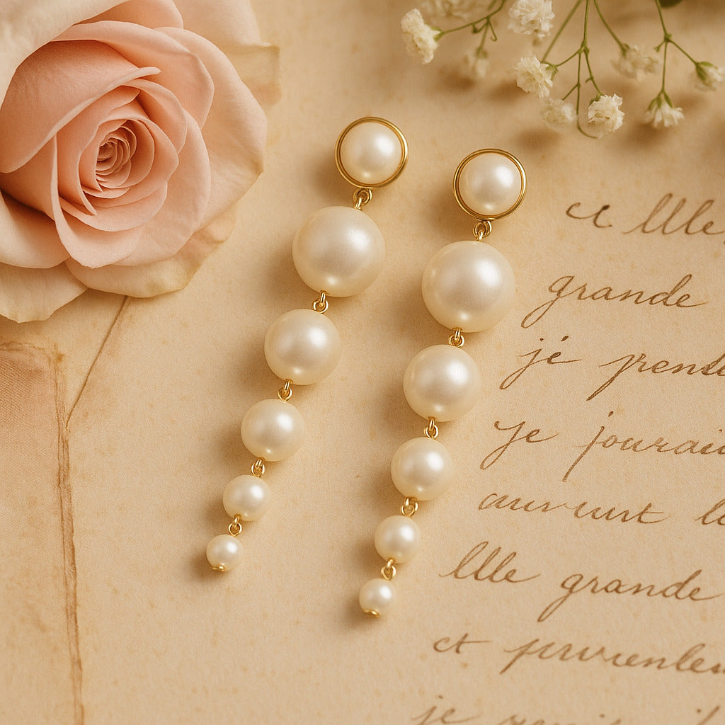 Pearl earrings on a vintage-style paper with a pink rose and small white flowers.