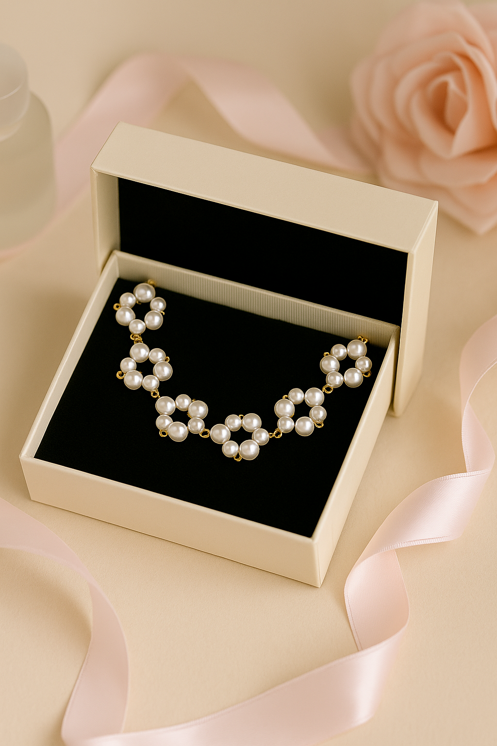 Pearl necklace in a jewelry box with pink roses in the background