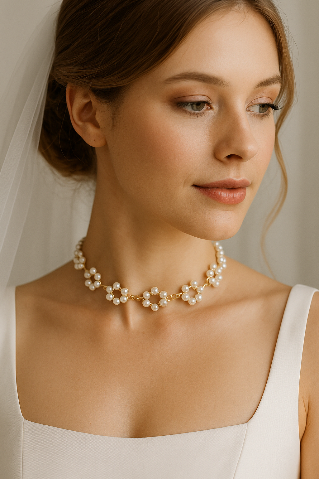 Woman wearing a pearl necklace with a neutral background