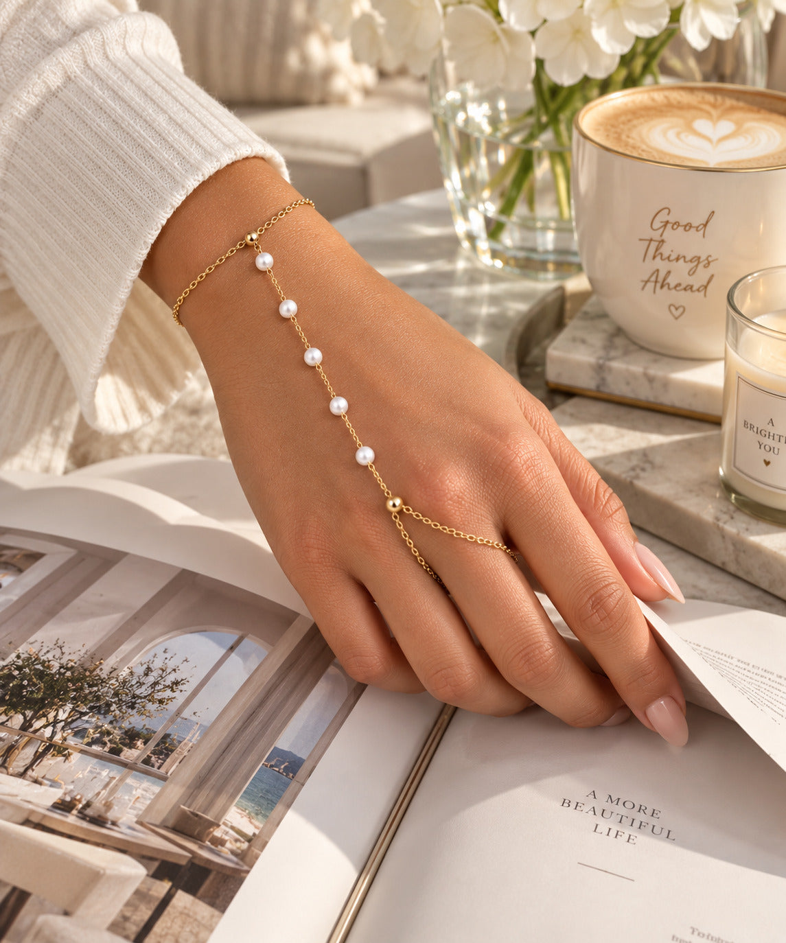 Pearl Essence Hand Bracelet for Women, Gold Tone Pearl Hand Chain Bracelet, Delicate Finger Bracelet Jewelry