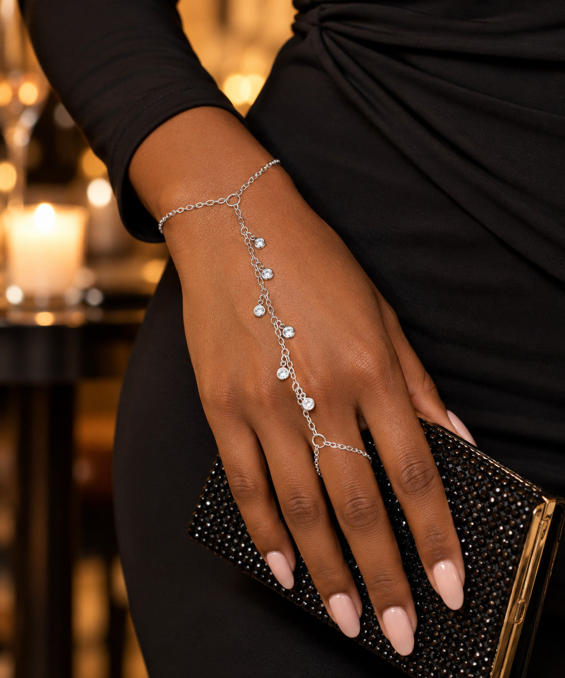Glamour Link Hand Bracelet for Women, Delicate Crystal Hand Chain Bracelet, Elegant Wrist to Finger Jewelry