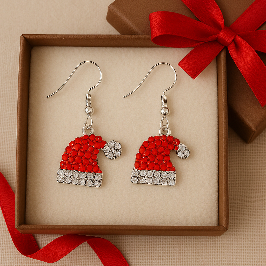 Red and silver Santa hat earrings in a brown box with a red ribbon.