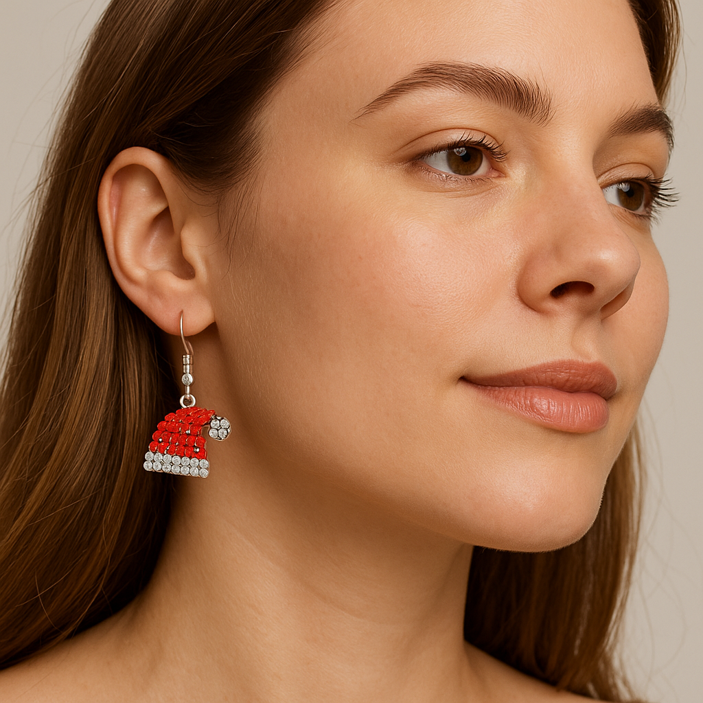 Close-up of a woman wearing red and silver earrings with a neutral background