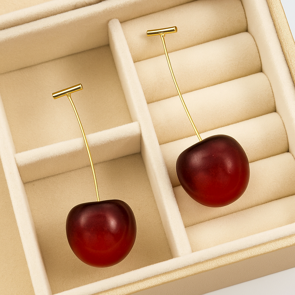Cherry-shaped earrings with gold stems in a jewelry box