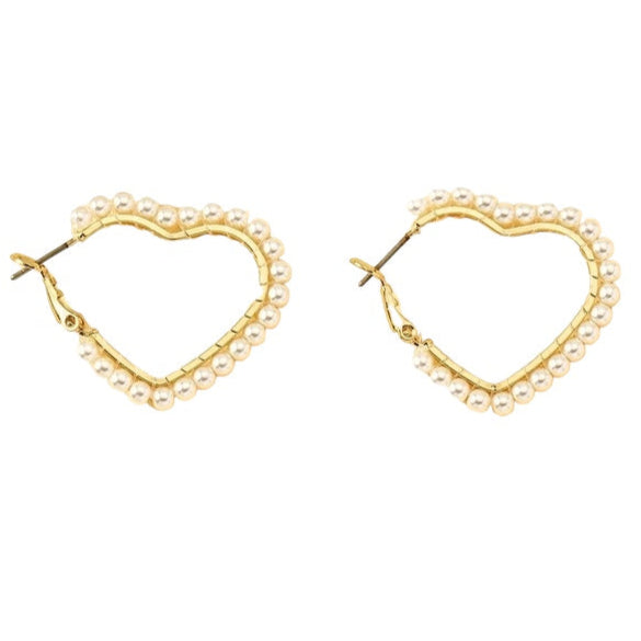 heart shaped pearl and gold hoop fashion earrings for women