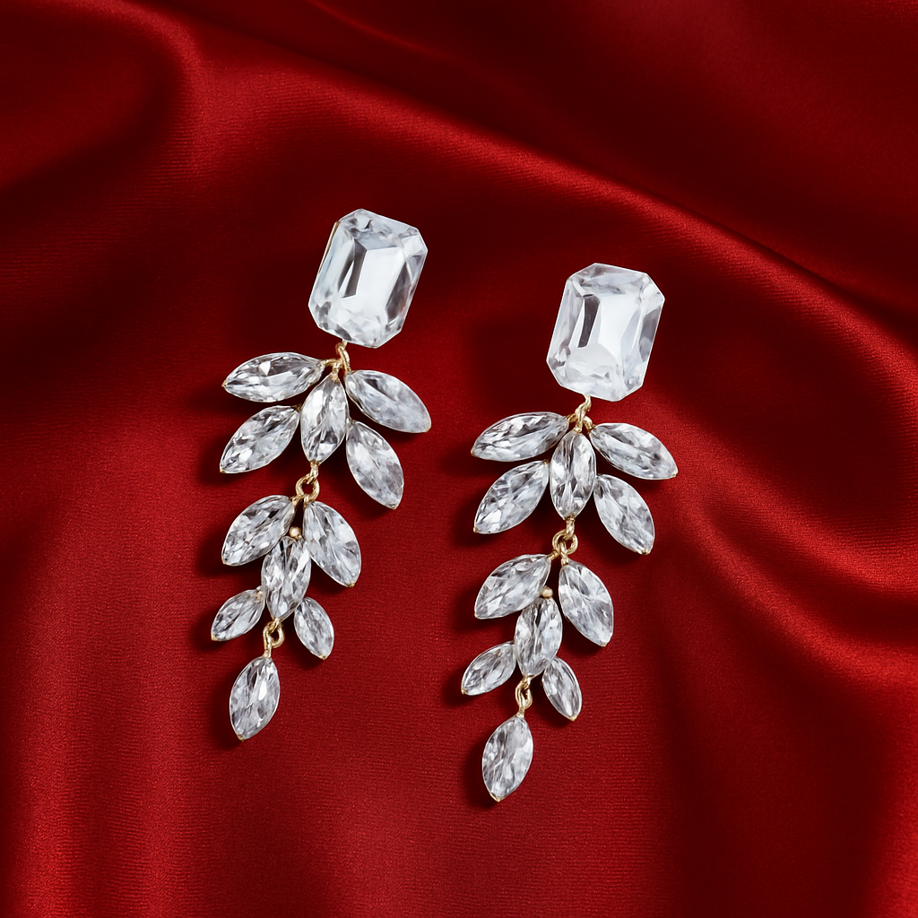 crystal leaf earrings
bridal jewelry
statement earrings
wedding accessories
glam jewelry for women
elegant dangle earrings
sparkle earrings