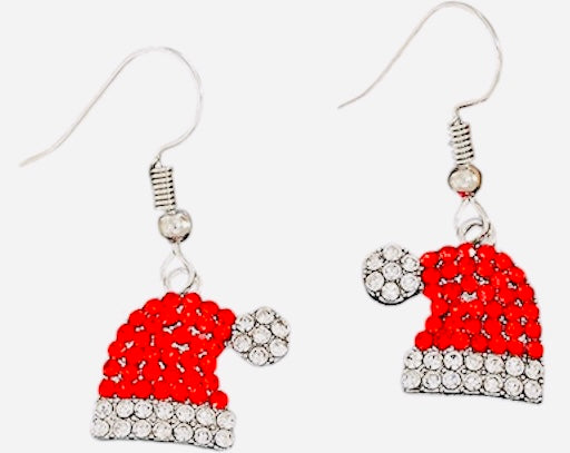 A pair of red and silver Christmas-themed earrings designed to resemble a Santa hat, with embellishments and a silver hook.