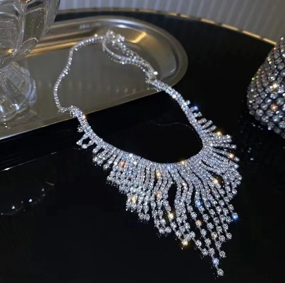 rhinestone necklace, crystal statement necklace, silver choker jewelry, fringe bib necklace, wedding jewelry, evening necklace, glamorous jewelry for women, luxury jewelry gift, party necklace