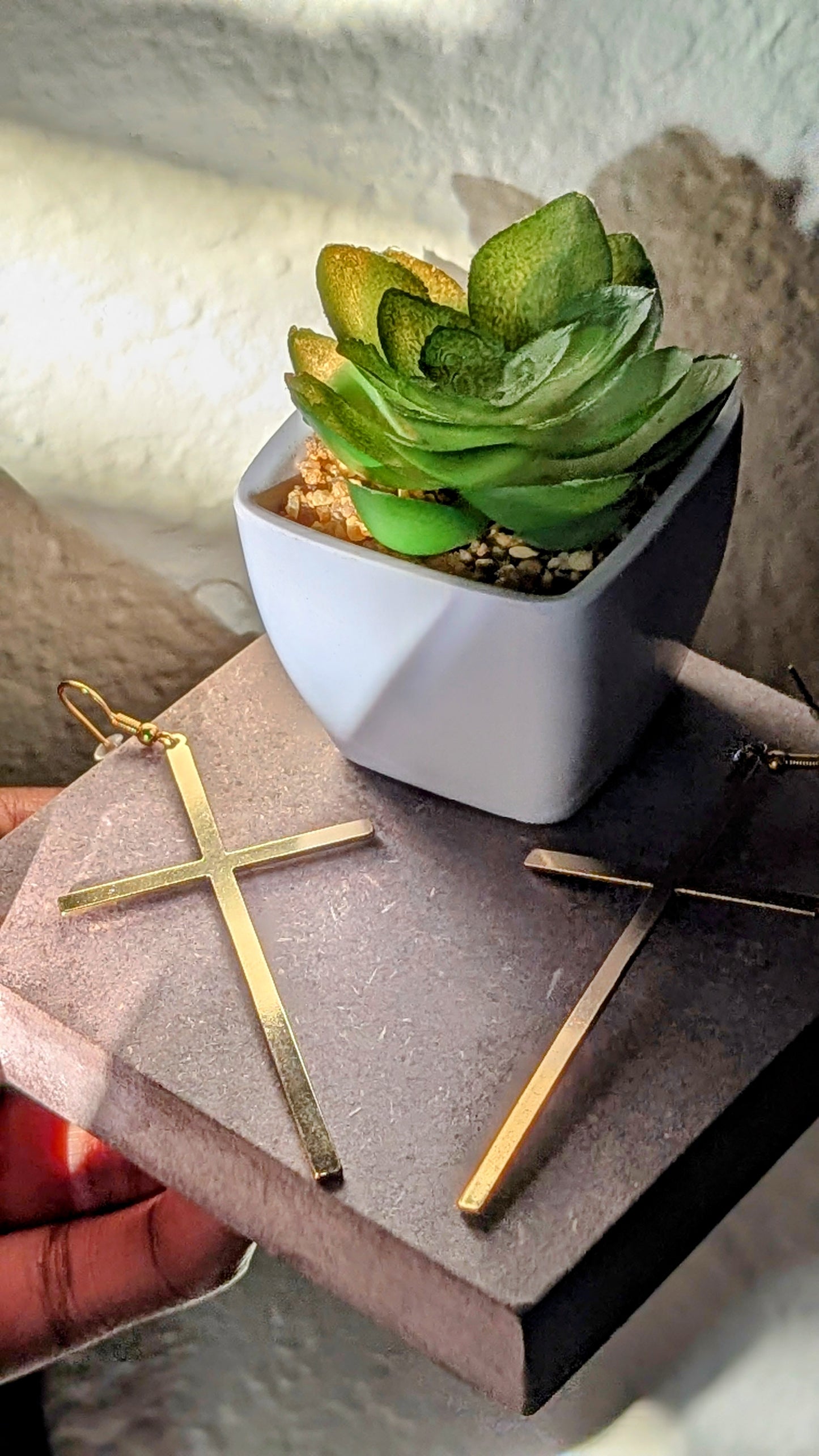 Small potted plant on a textured surface with gold cross necklace and ring.
