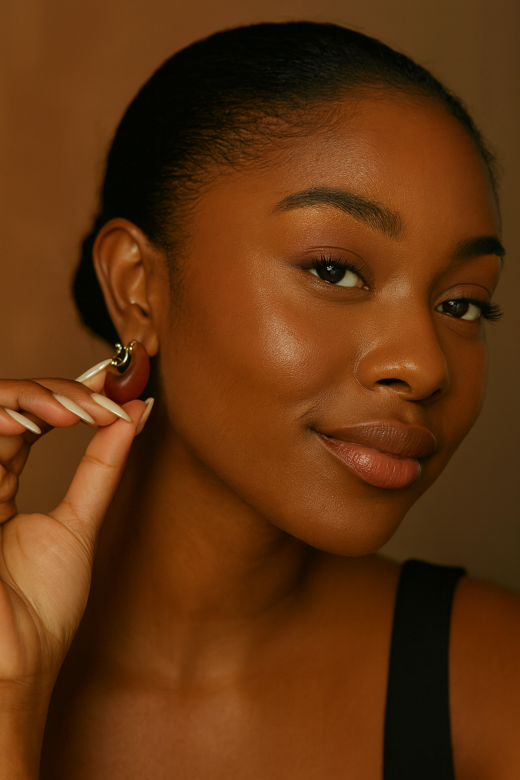 Woman adjusting an earring against a warm brown background