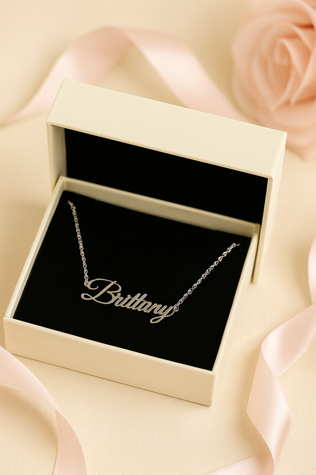 Necklace with 'Brittany' engraving in a jewelry box with pink roses in the background