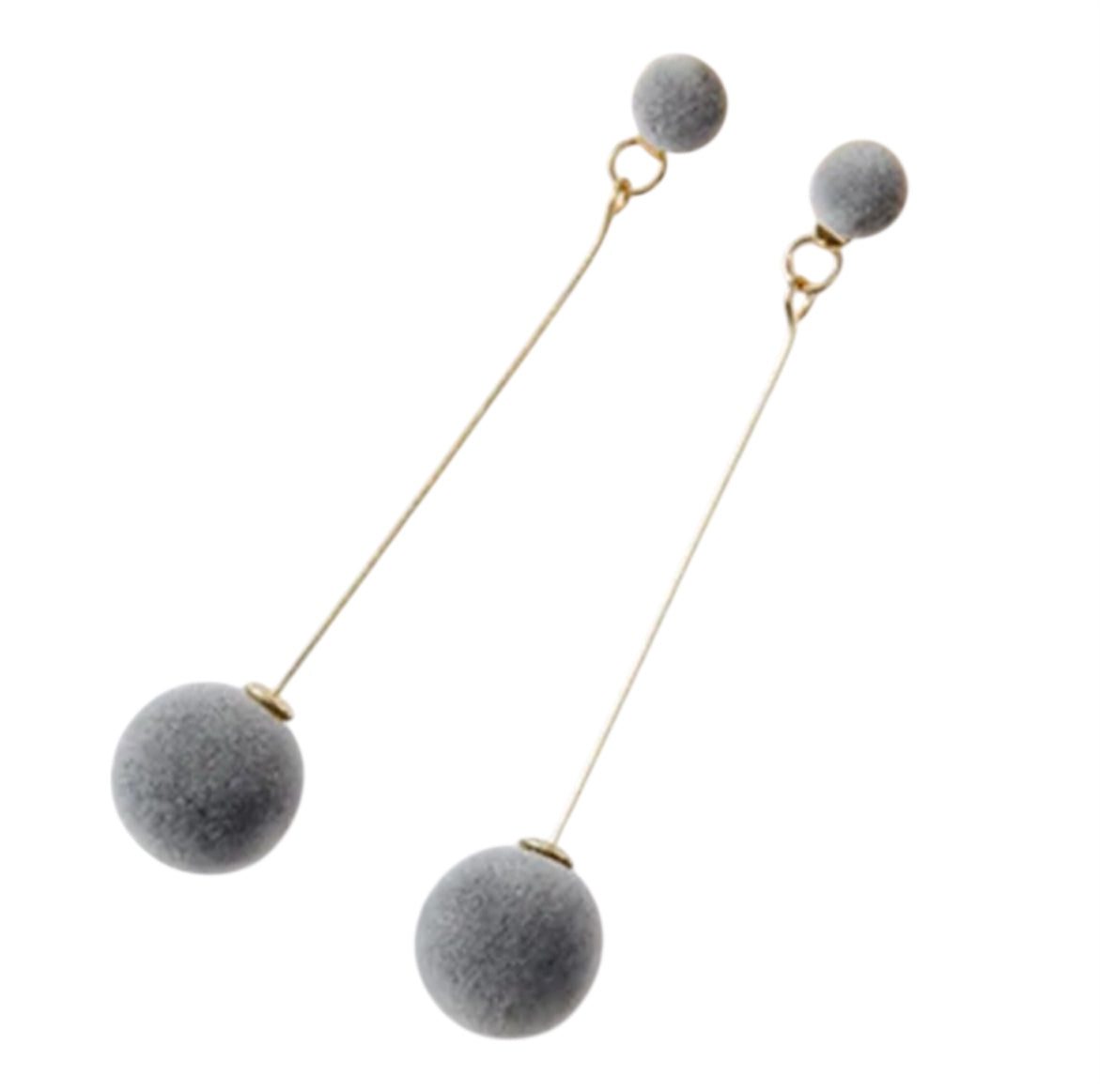 Pair of gray spherical earrings with gold hooks on a white background