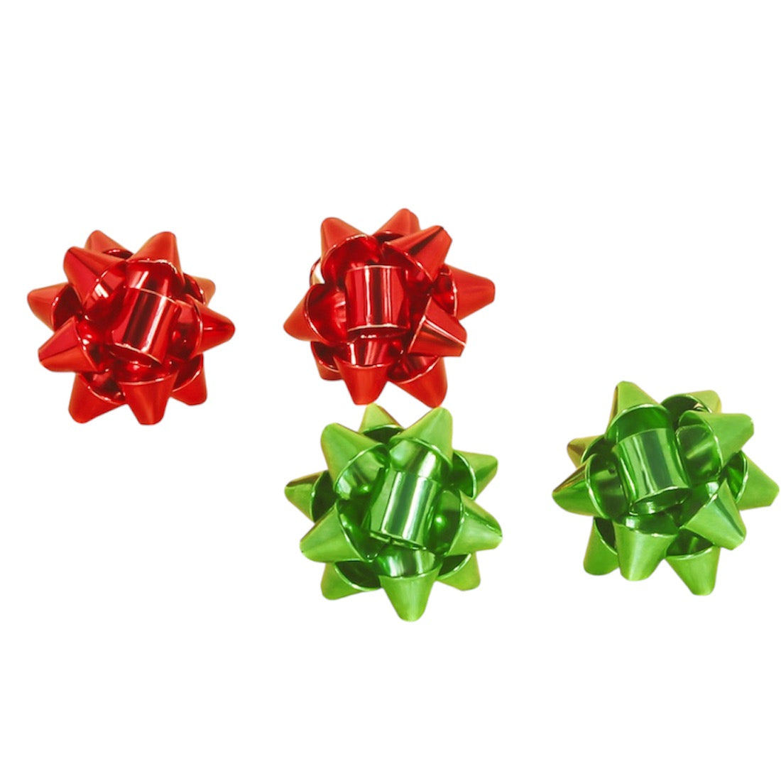 A set of three Christmas bow-shaped stud earrings in red, green, and yellow colors.