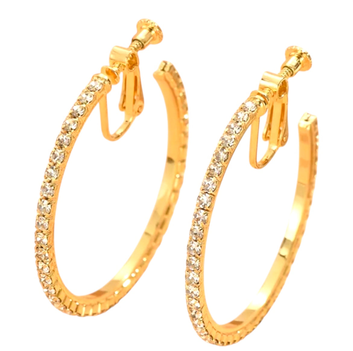 Gold hoop earrings with clear gemstones on a white background