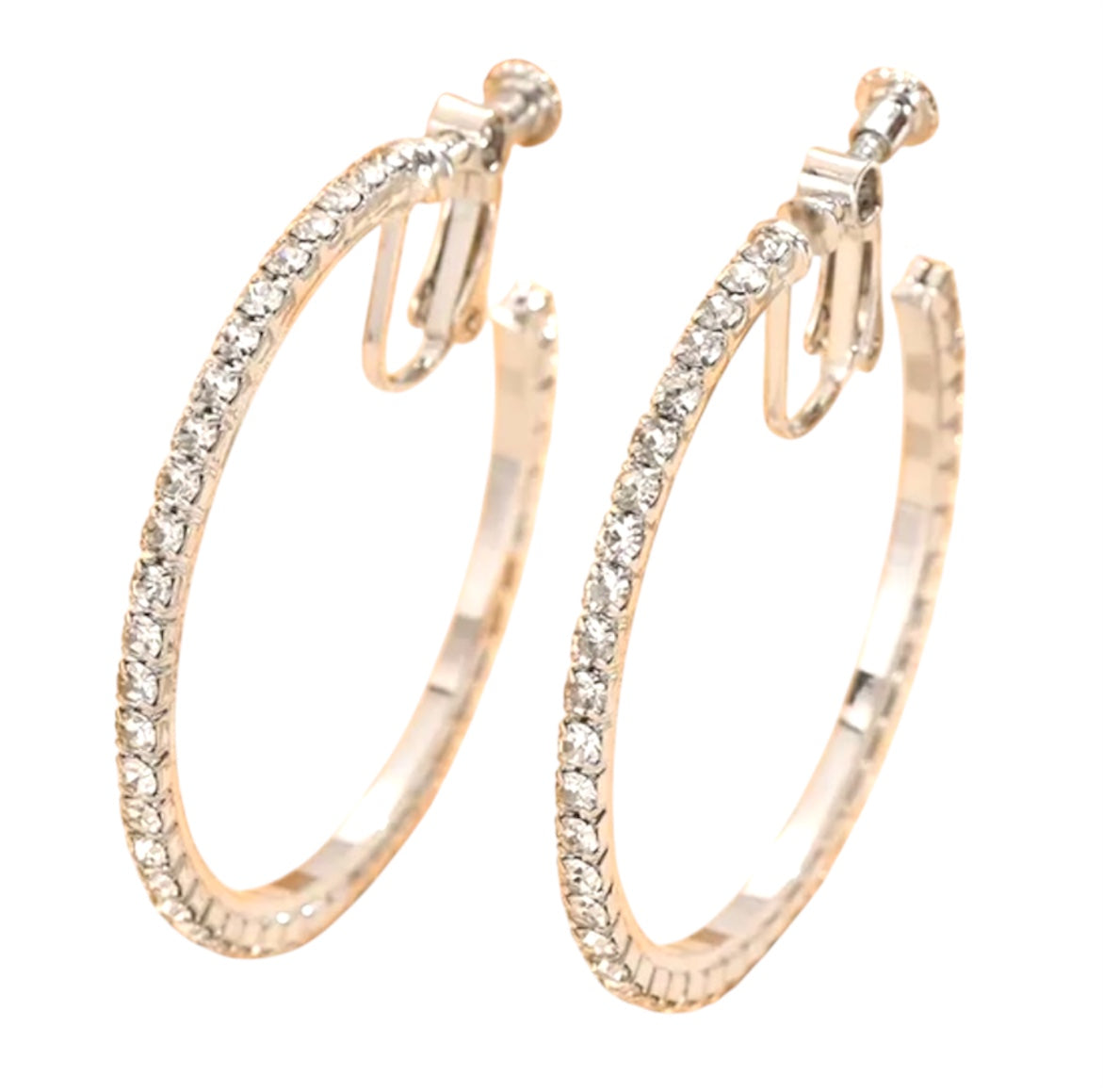 Rose gold hoop earrings with clear gemstones on a white background