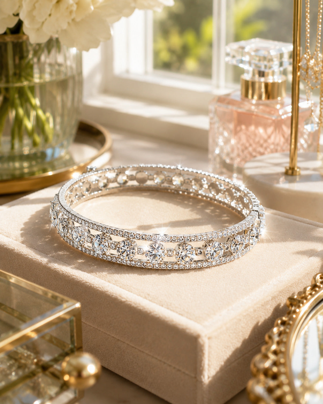 A sparkling silver-toned double-strand tiara-style silver cuff bracelet adorned with clear crystals, displayed on a beige velvet jewelry box in a sunlit vanity setting.
