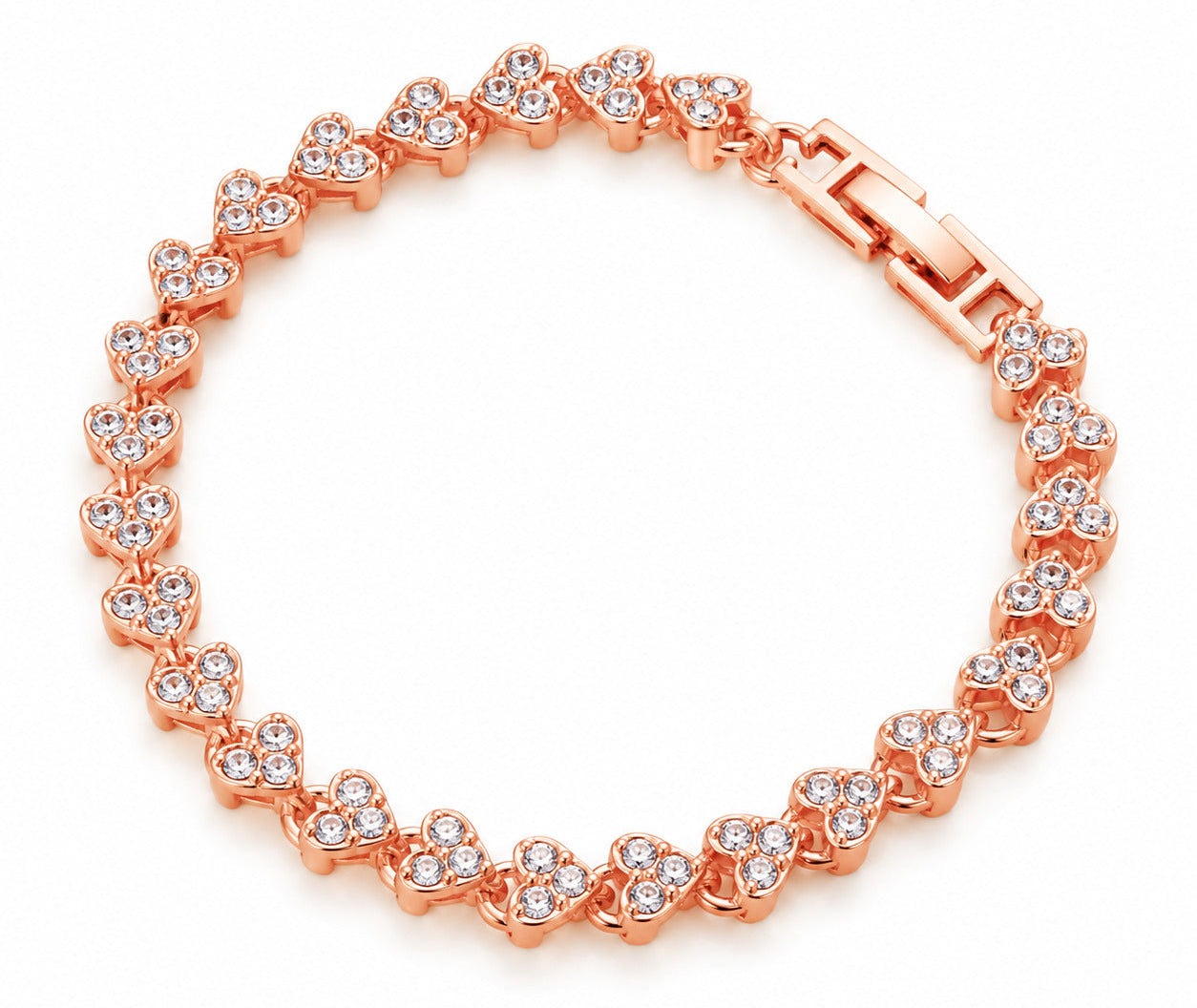A rose gold heart-link bracelet with clear cubic zirconia stones, displayed on a clean white background.