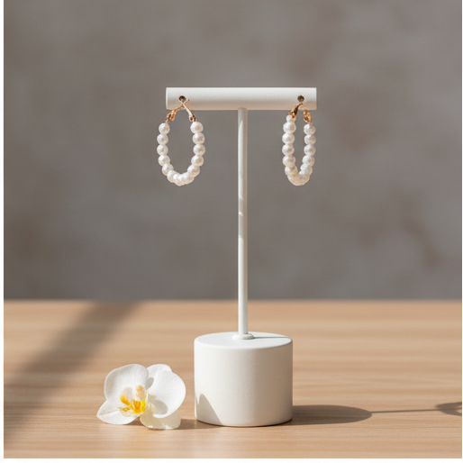 Collage of pearl hoop earrings on marble, in a box, and on a stand with a plant in the background.