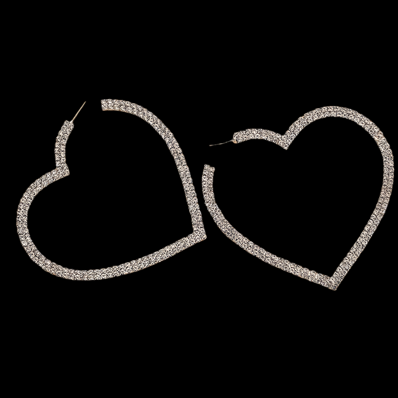 large open hoop heart shaped rhinestone earrings available in both silver and gold