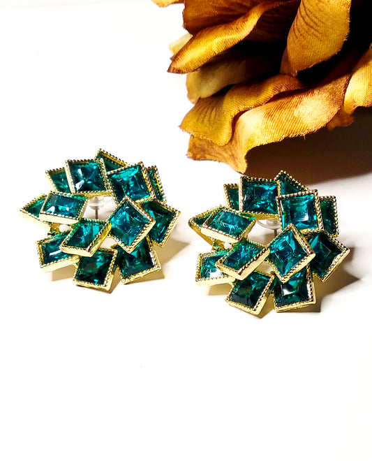 Teal green and gold earring studs with square shaped green rhinestones