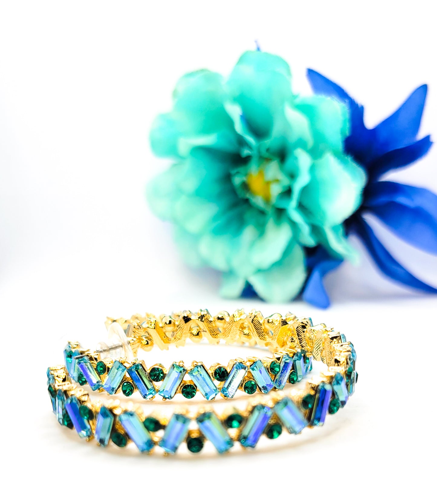 teal and aqua blue rhinestone hoop earrings