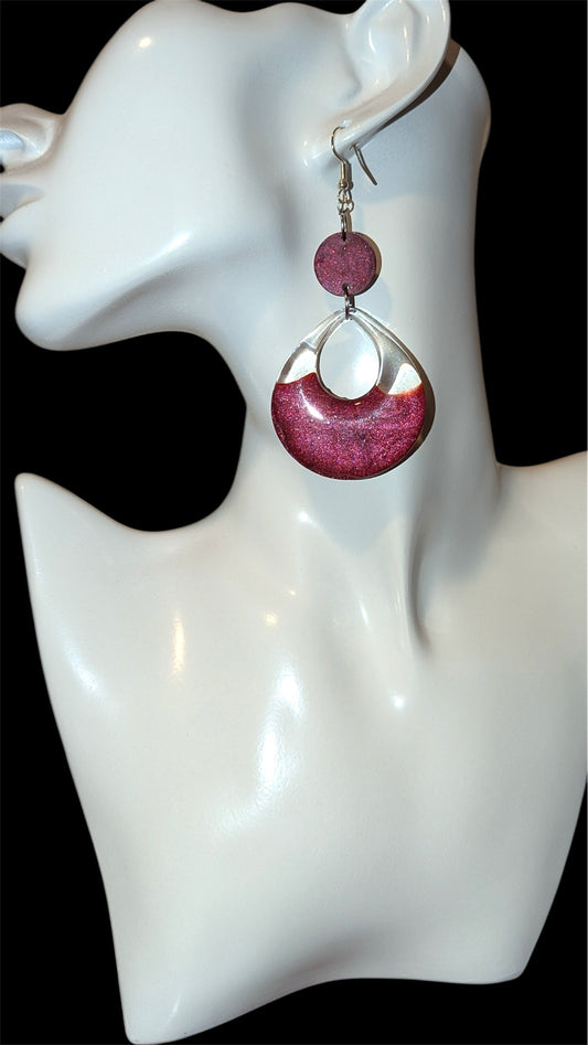 burgundy and clear handmade resin tear shaped drop earrings 