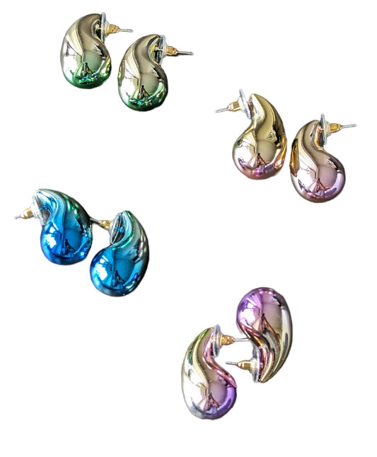 A collection of water drop-shaped stud earrings in various colors.