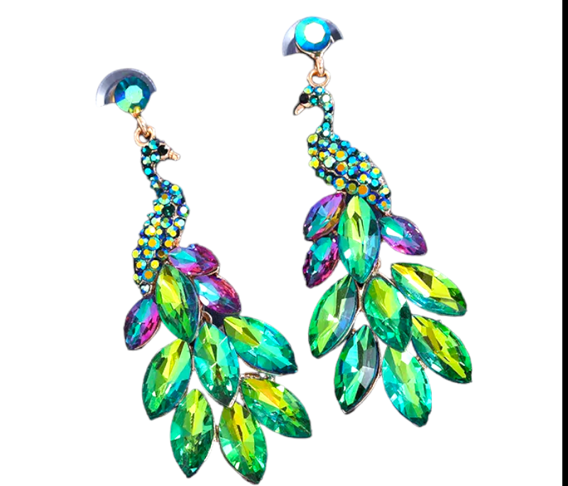 A pair of multicolored rhinestone-studded flamboyant flamingo earrings.