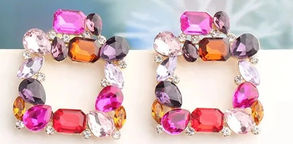 Purple square shaped rhinestone earrings