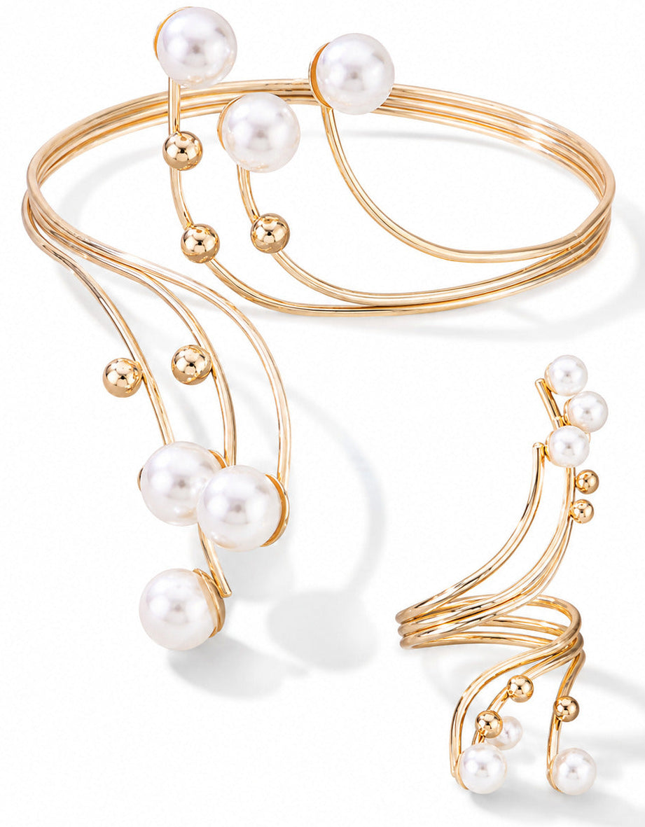 Women’s Gold Tone Beaded Statement Jewelry Set, Bracelet and Ring