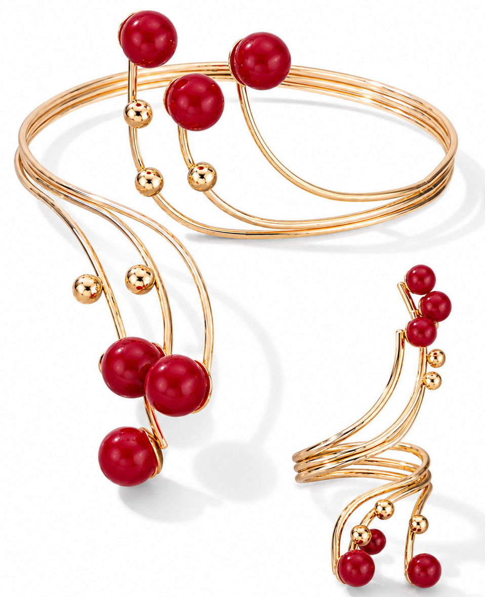 Women’s Gold Tone Beaded Statement Jewelry Set, Bracelet and Ring