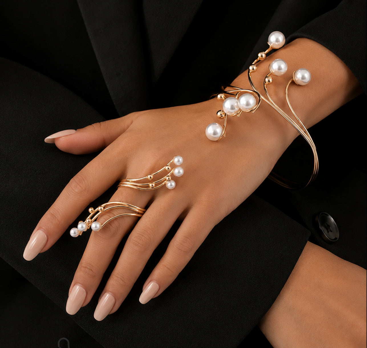 Women’s Gold Tone Beaded Statement Jewelry Set, Bracelet and Ring