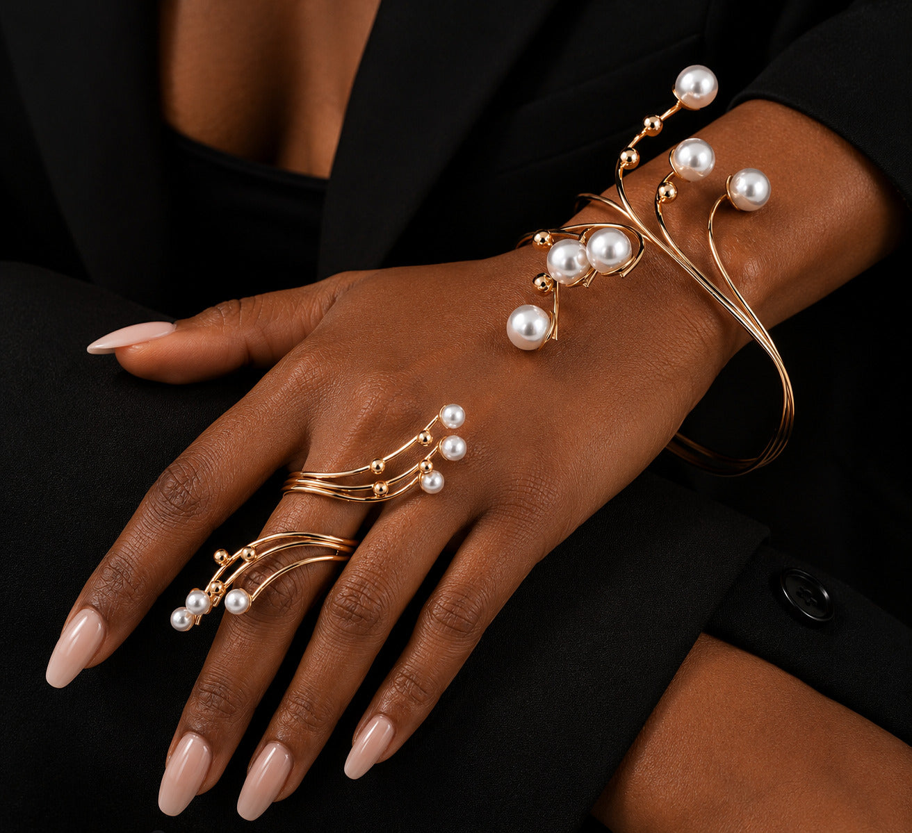 Women’s Gold Tone Beaded Statement Jewelry Set, Bracelet and Ring