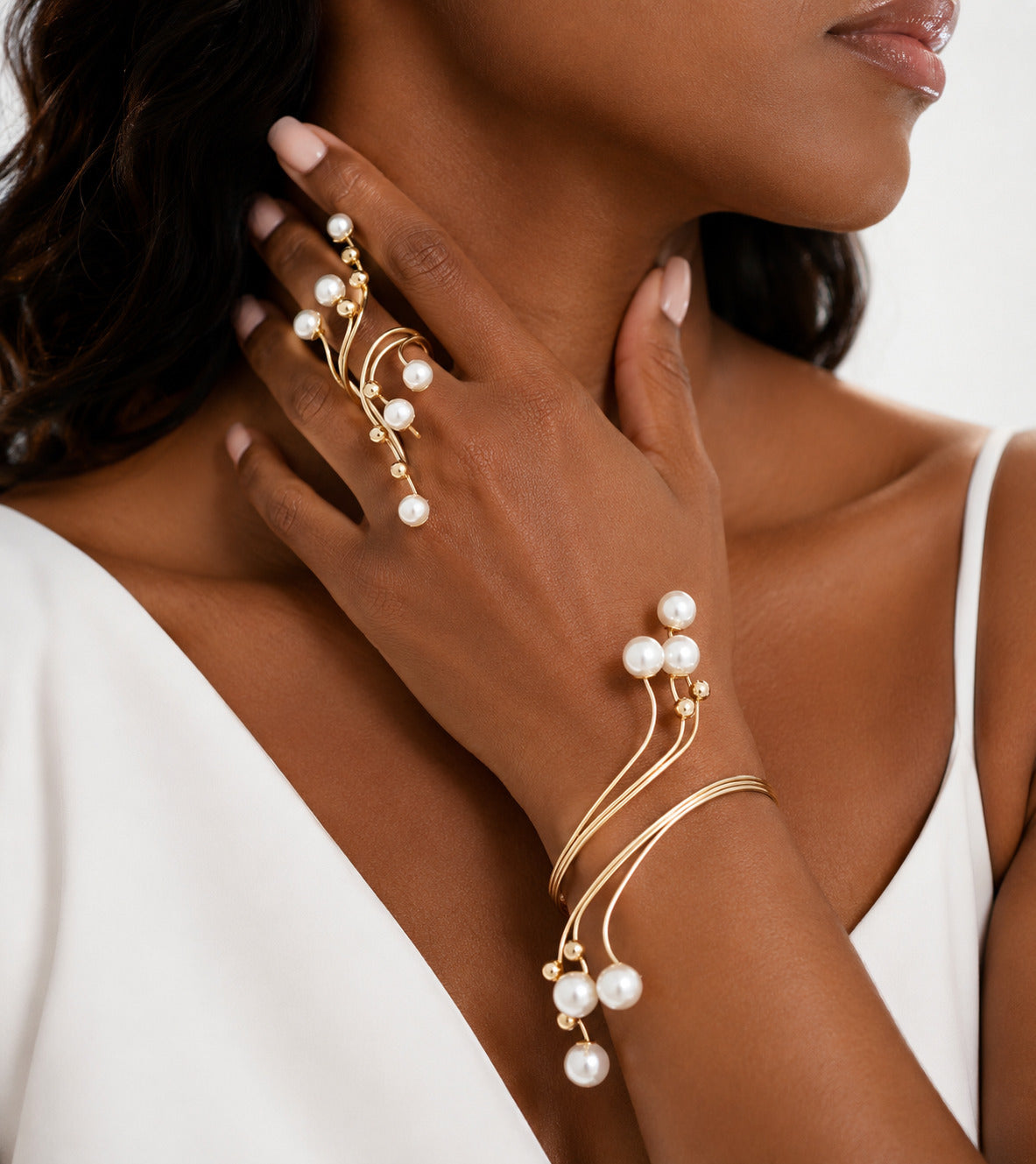 Women’s Gold Tone Beaded Statement Jewelry Set, Bracelet and Ring