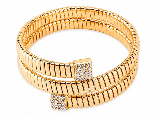 A gold-plated multi-band snake-style bracelet with two square crystal-encrusted clasp ends, shown on a plain white background.