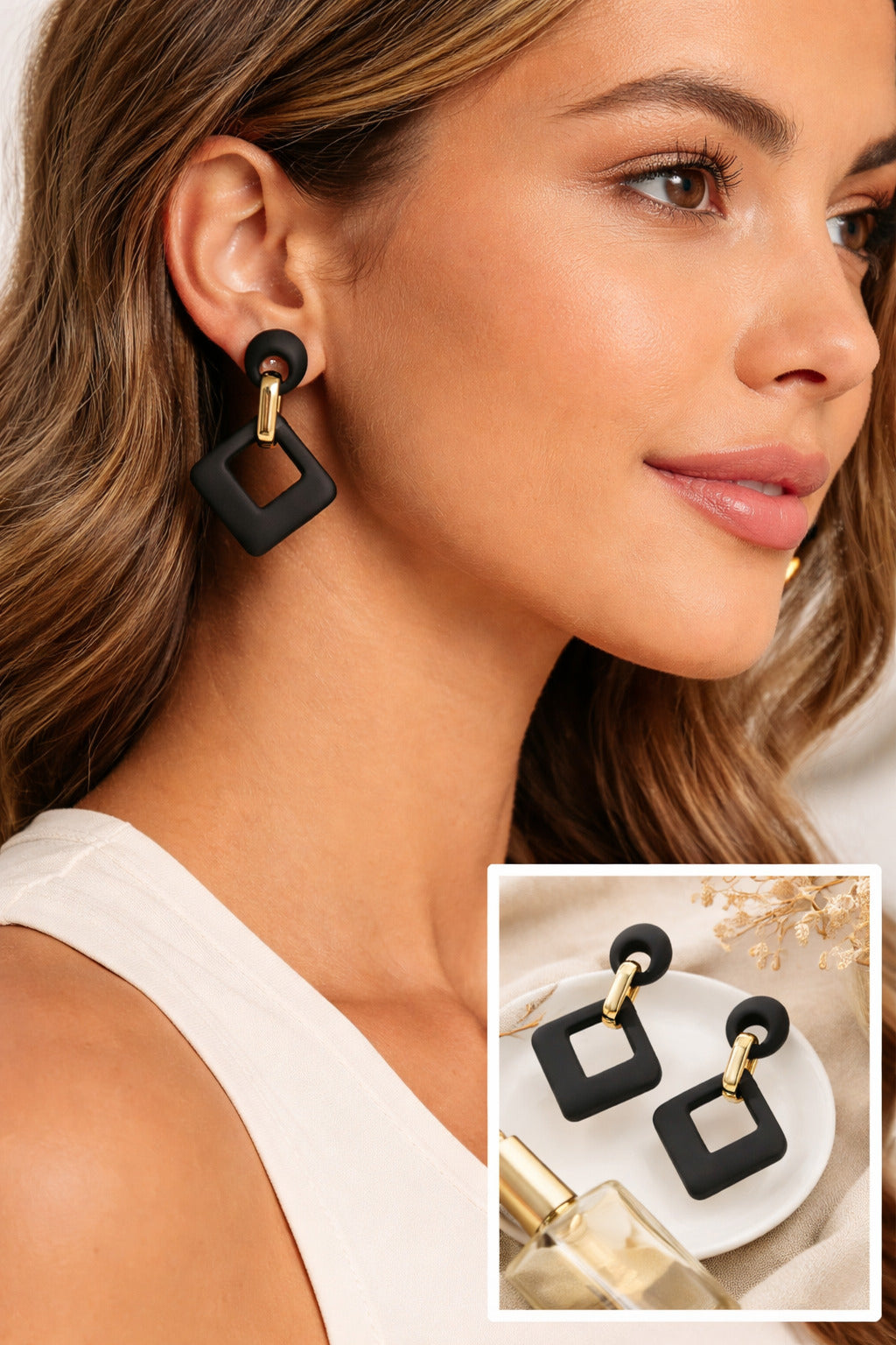 Close-up of a woman wearing black square earrings with a inset showing the earrings on a white plate.