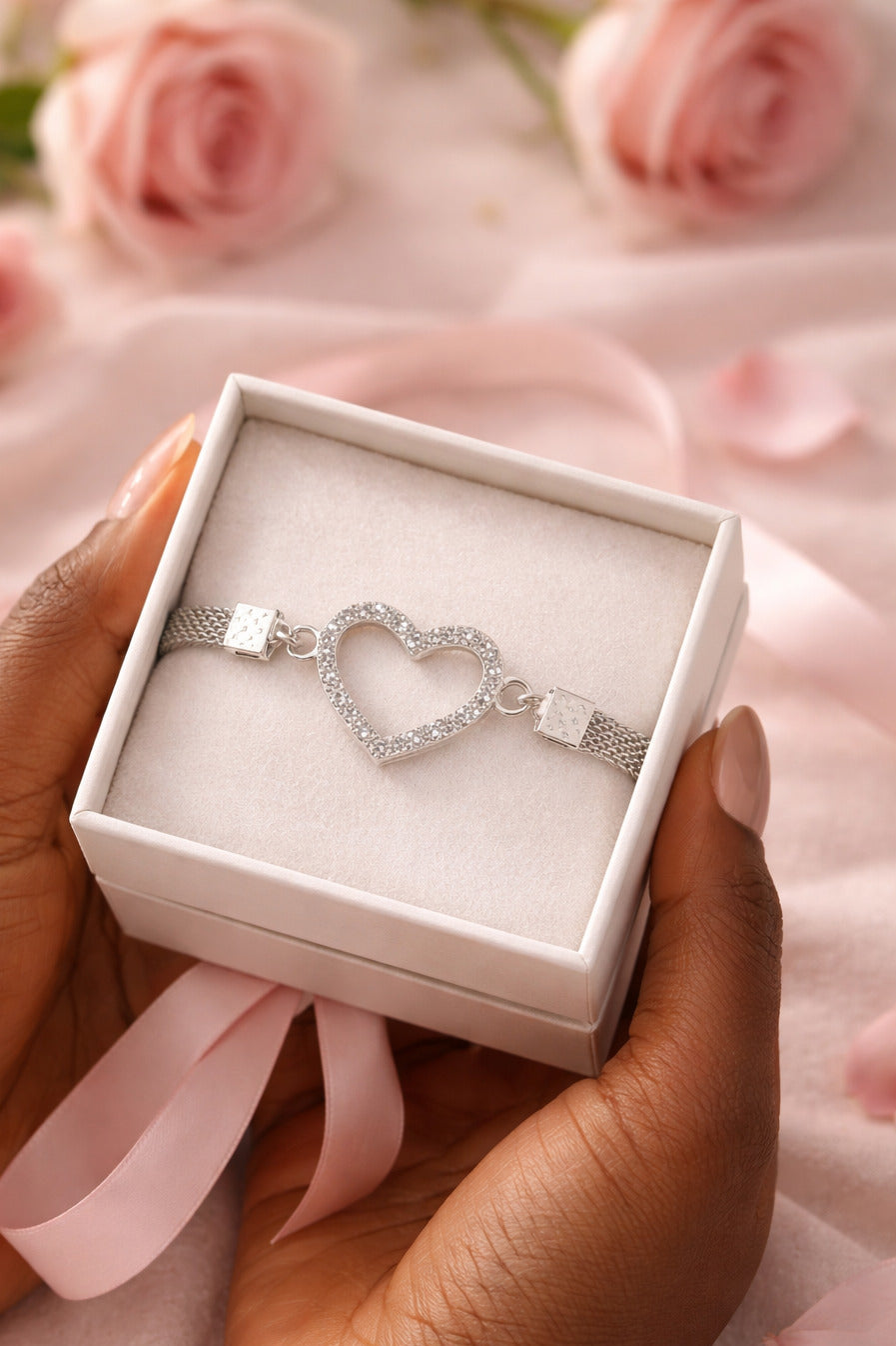Heart-shaped bracelet in a white box held by a hand with pink roses in the background