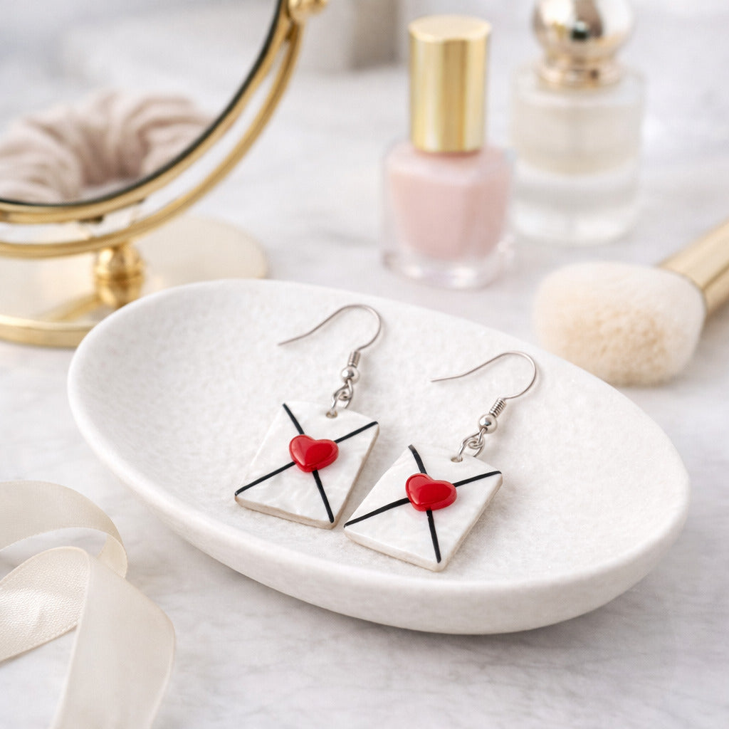 Star-shaped earrings with red hearts on a white dish, surrounded by beauty products.