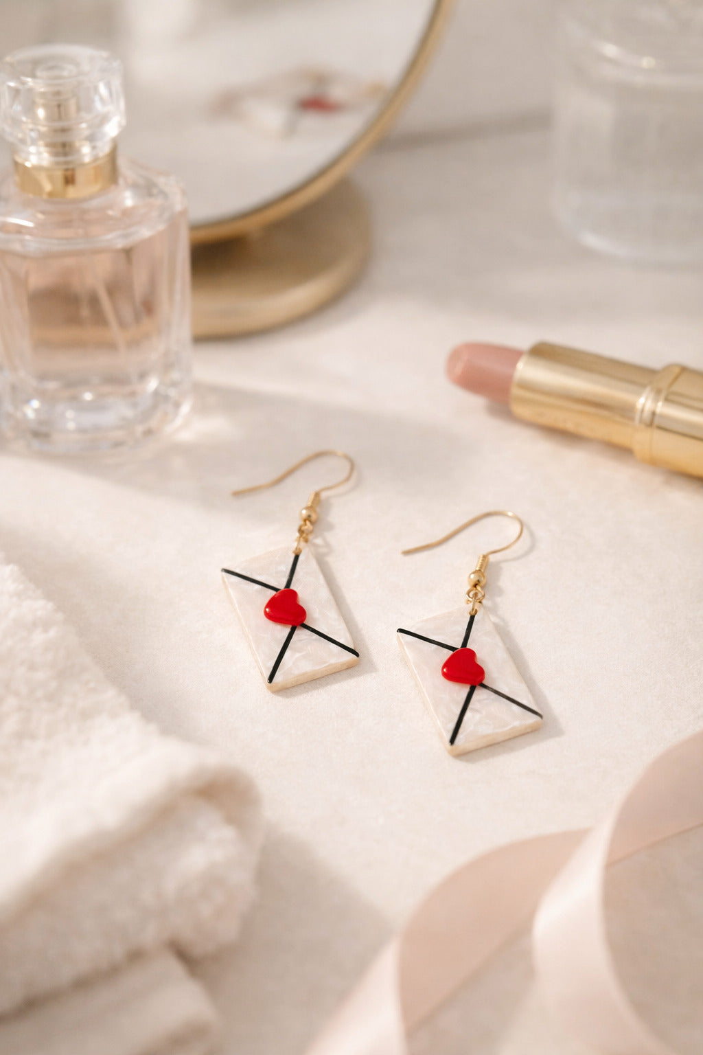 Triangle-shaped earrings with red beads on a light surface with a mirror and lipstick in the background.