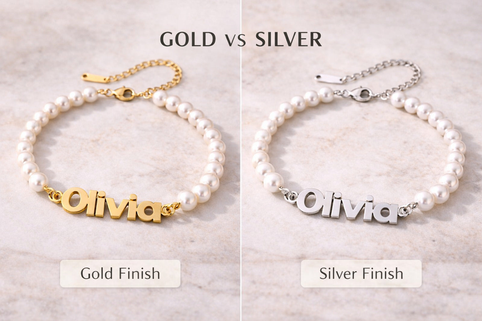 Two pearl bracelets with 'Olivia' nameplates, one gold and one silver, on a neutral background.