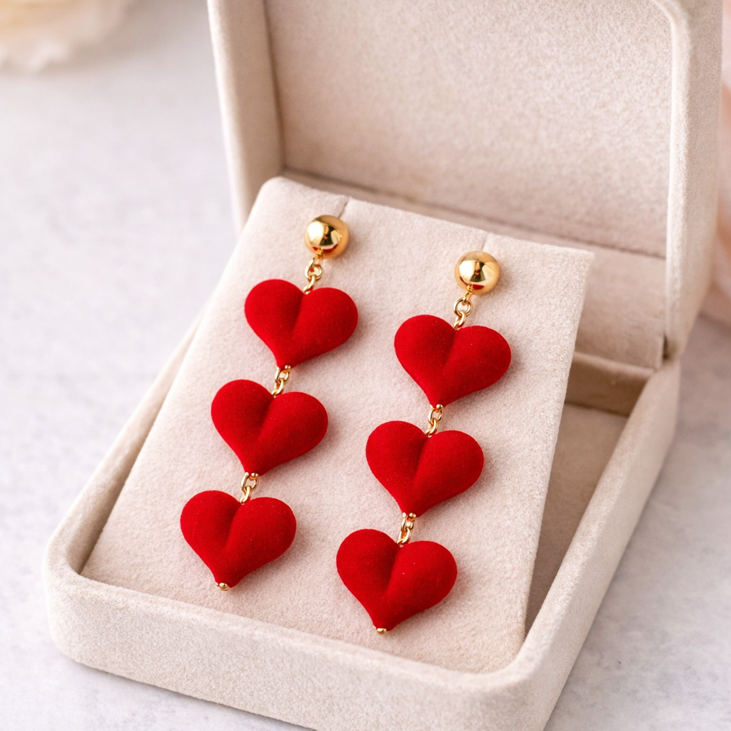 Red heart-shaped earrings in a beige jewelry box on a light background