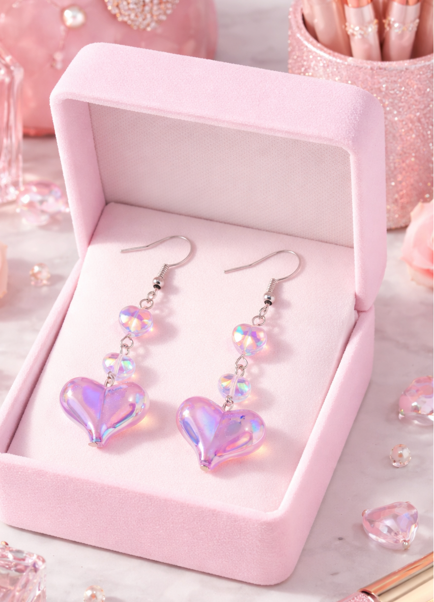 Iridescent Love Glow earrings with heart-shaped iridescent drops in pink and lavender, in a pink jewelry box.