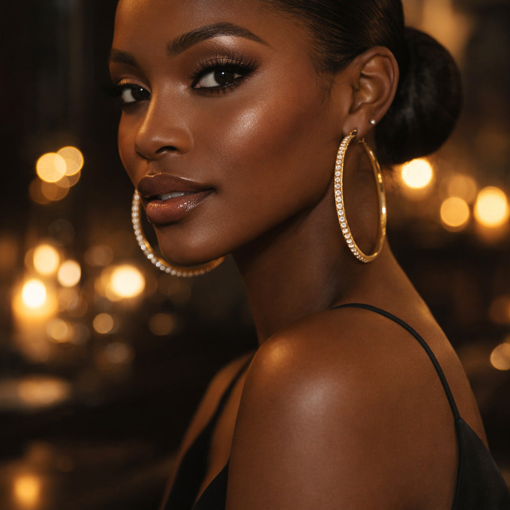 Woman wearing large hoop earrings with a blurred lights background