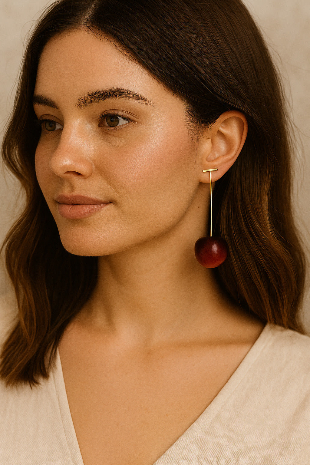 Close-up of a woman wearing a cherry-themed earring against a neutral background