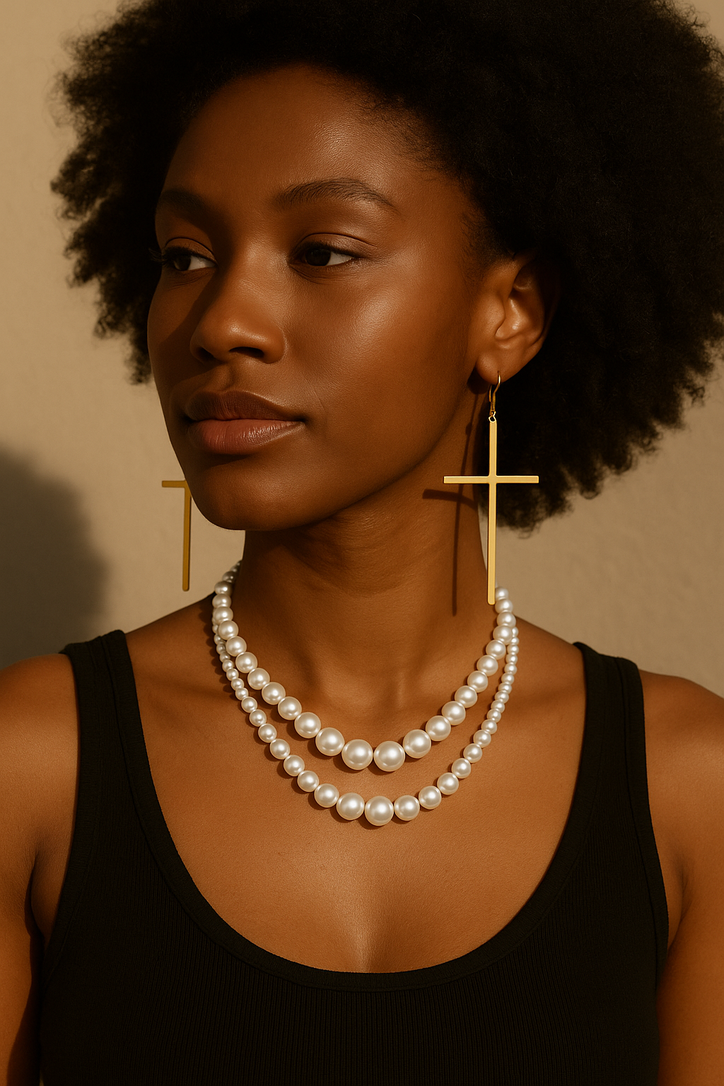 Woman wearing a pearl necklace and cross earrings against a beige background