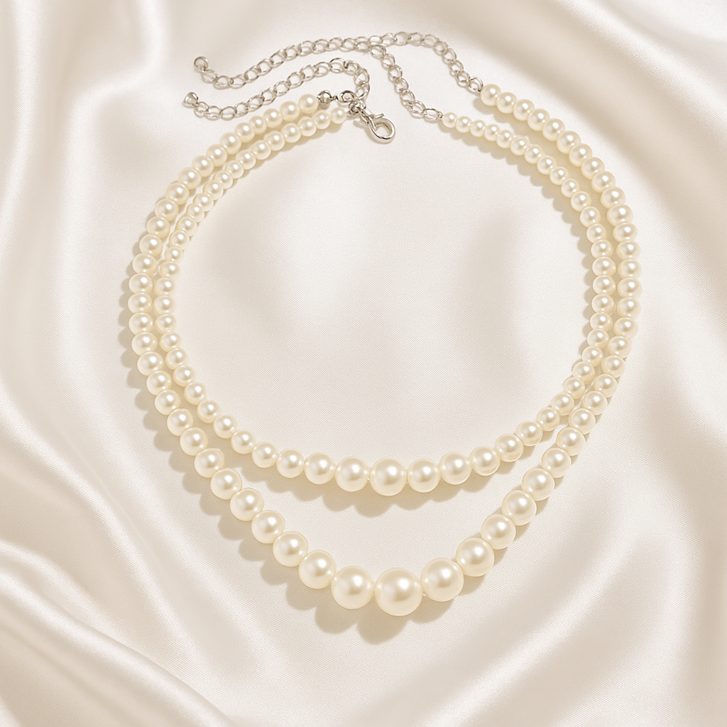 Pearl necklace on a soft, light-colored fabric background