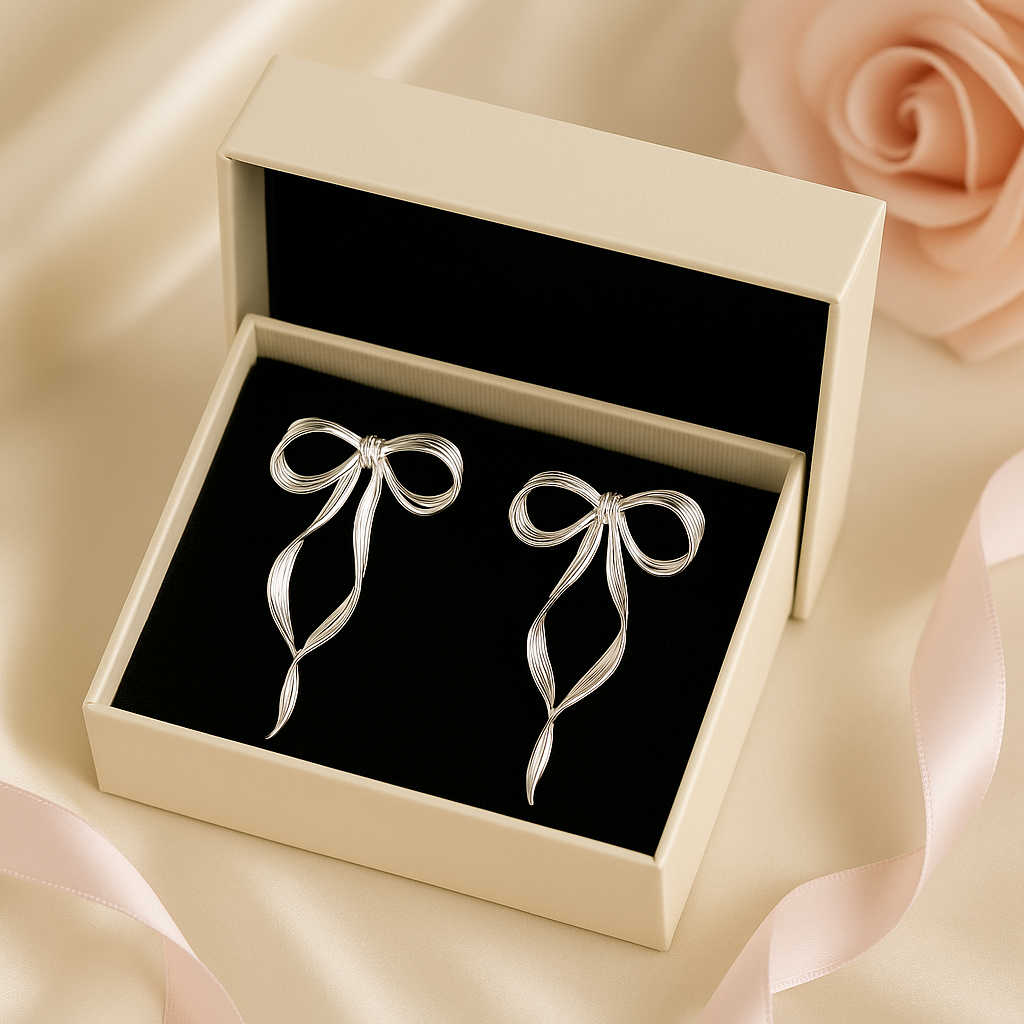 Silver bow-shaped earrings in a decorative box with pink roses in the background