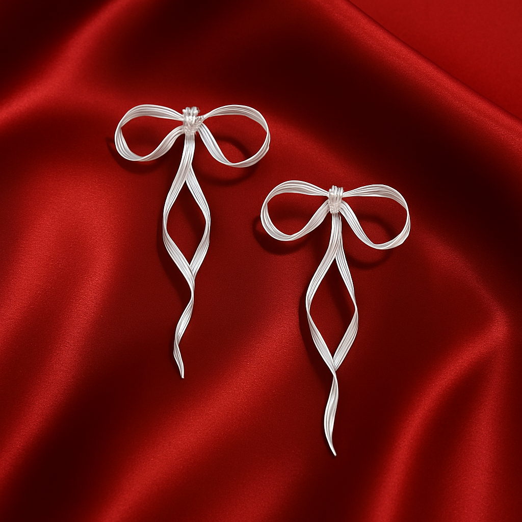 Silver bow-shaped earrings on a red satin background