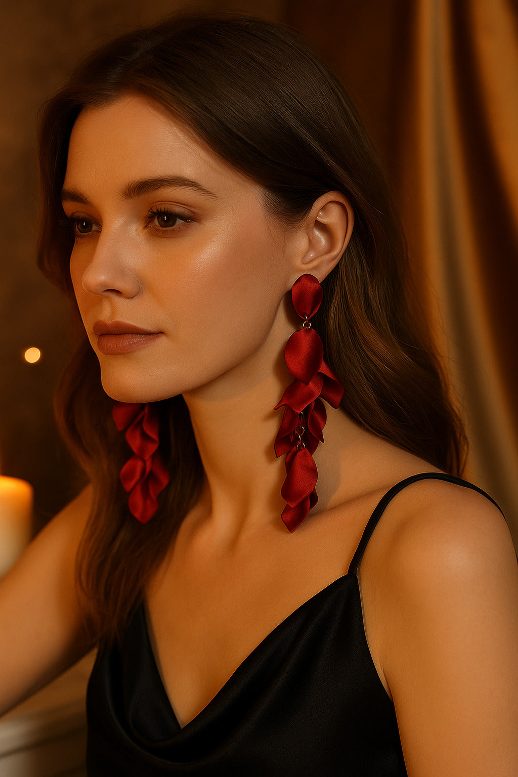 red floral earrings, statement earrings, acrylic drop earrings, petal dangle earrings, long flower earrings, lightweight earrings for women, elegant red jewelry, formal earrings, women’s statement jewelry, bold acrylic earrings